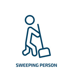 Poster - sweeping person icon from people collection. Thin linear sweeping person, clean, work outline icon isolated on white background. Line vector sweeping person sign, symbol for web and mobile