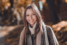 Close Up Portrait Photo Of Nice Adorable Lady Good Mood Fresh Air September October Evening Dressed Cozy Coat Outfit Go Outdoors
