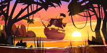 Tropical Island Beach With Old Pirate Ship After Shipwreck, Palm Trees, Jungle And Sun On Horizon. Ocean Sand Shore Landscape With Broken Wooden Corsair Boat At Sunset, Vector Cartoon Illustration