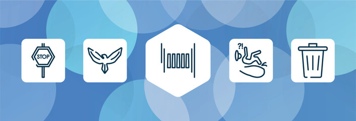 public services fill outline icon set isolated on blue abstract background. thin line icons such as stop hexagonal, hawk, zebra crossing, slip, trash vector. can be used for web and mobile.