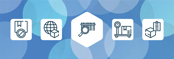 Poster - lineal logistic outline icon set isolated on blue abstract background. thin line icons such as prohibited, worldwide delivery, barcode scan, box on delivery scale, delivery clipboard vector. can be
