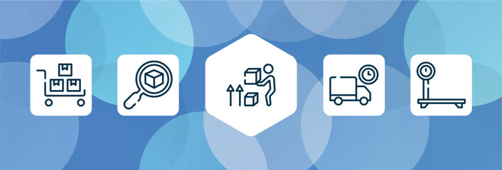 Poster - lineal logistic outline icon set isolated on blue abstract background. thin line icons such as package on trolley, delivery search, lift up, truck delay, delivery scale vector. can be used for web