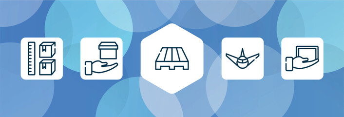 Poster - shipping and handly outline icon set isolated on blue abstract background. thin line icons such as storage capacity, delivery in hand, pallets, air transport, lightweight vector. can be used for web
