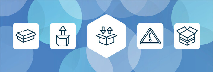 Poster - boxes outline icon set isolated on blue abstract background. thin line icons such as cardboard box without a lid, cardboard box with arrow, delivery packaging box, danger, open cardboard vector. can