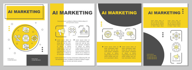 AI marketing yellow brochure template. Business technology. Leaflet design with linear icons. Editable 4 vector layouts for presentation, annual reports. Arial, Myriad Pro-Regular fonts used