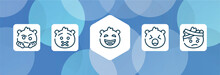 Emoji Outline Icon Set Isolated On Blue Abstract Background. Thin Line Icons Such As Suspect Emoji, Muted Emoji, Laughing Yelling With Head-bandage Vector. Can Be Used For Web And Mobile.