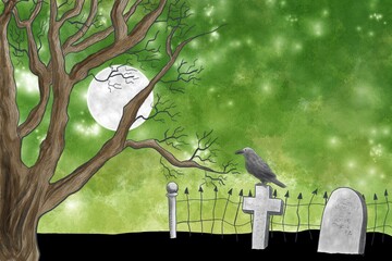 Wall Mural - watercolor full moon over the cemetery