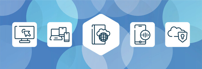Poster - cloud computing outline icon set isolated on blue abstract background. thin line icons such as computer screen with arrow, phone tablet and laptop, book on internet cloud, phone assistant, protected