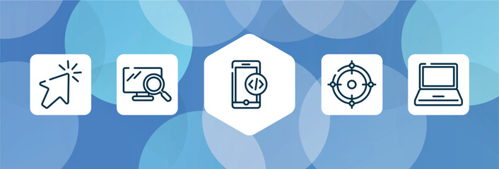 Poster - material devices outline icon set isolated on blue abstract background. thin line icons such as clicking cursor, pc search, phone code, weapon crosshair, black laptop vector. can be used for web and