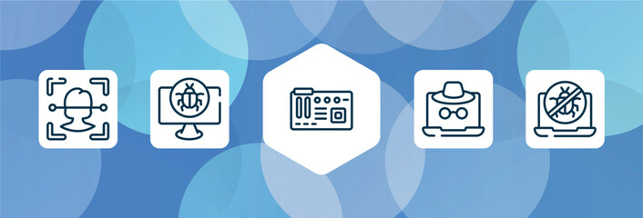 Poster - computer bugs outline icon set isolated on blue abstract background. thin line icons such as face recognition, cracker, motherboard, fraud, no virus vector. can be used for web and mobile.