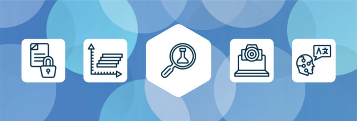 Poster - artificial intelligence outline icon set isolated on blue abstract background. thin line icons such as encrypted data, frequency graph, science research, cam, translation vector. can be used for web