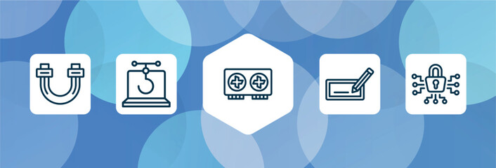 Poster - web development outline icon set isolated on blue abstract background. thin line icons such as sata, phishing, graphics card, edit text, cyber security vector. can be used for web and mobile.