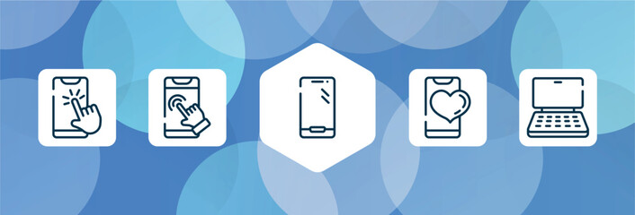 Poster - smart devices outline icon set isolated on blue abstract background. thin line icons such as phone with touch screen, phone touch, modern smartphone, phone with heart, notebook computer vector. can