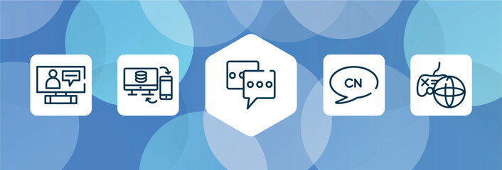 Poster - mobile network outline icon set isolated on blue abstract background. thin line icons such as on, data sharing, chat box, chinese language, on vector. can be used for web and mobile.