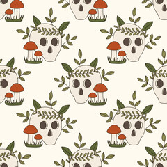 Wall Mural - Seamless vector pattern with old skull and poisonous mushrooms in 70s art style. Retro groovy background. Cartoon death symbol texture. Vintage boho illustration