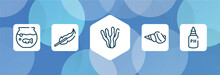 Pet Shop Lineal Outline Icon Set Isolated On Blue Abstract Background. Thin Line Icons Such As Fish Bowl, Feathers, Aae, Conch, Ph Test Vector. Can Be Used For Web And Mobile.