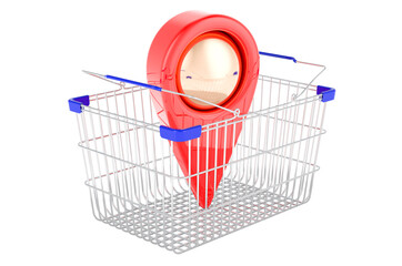 Poster - Shop location concept. Map pointer with shopping basket, 3D rendering