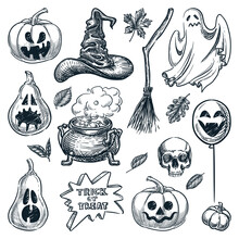 Halloween Design Elements. Vector Hand Drawn Sketch Illustration. Holiday Pumpkins, Ghost, Witch Hat, Broom And Cauldron