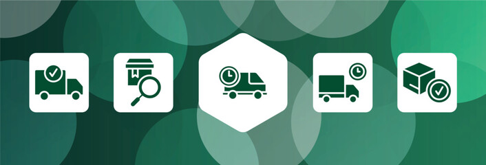Poster - lineal logistic filled icon set isolated on abstract background. glyph icons such as delivery check, checking, delivery delay, truck delay, delivered box verification vector. can be used for web and