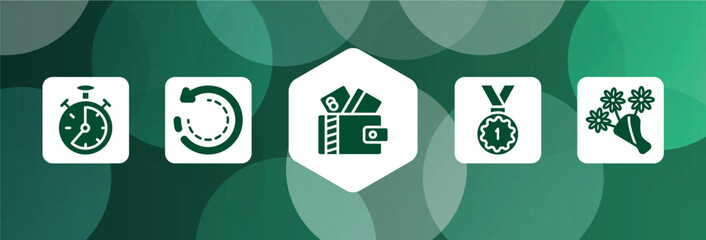 Poster - general filled icon set isolated on abstract background. glyph icons such as analog stopwatch, clockwise, card wallet, number one medal, daisy bouquet vector. can be used for web and mobile.