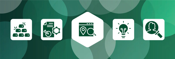 Poster - business pack filled icon set isolated on abstract background. glyph icons such as six gold bars, seo report, place optimizer, big light bulb, person search vector. can be used for web and mobile.