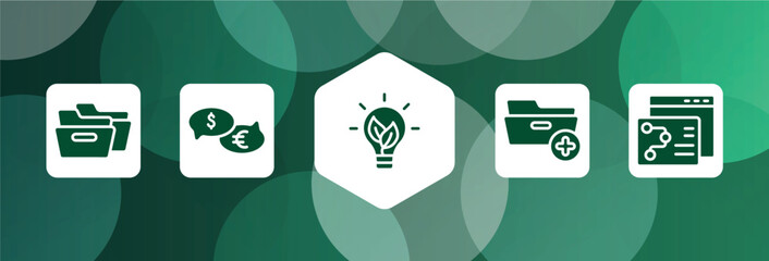 Poster - marketing and seo filled icon set isolated on abstract background. glyph icons such as two black folders, talking about money, eco lightbulb, folder with plus, seo strategy vector. can be used for