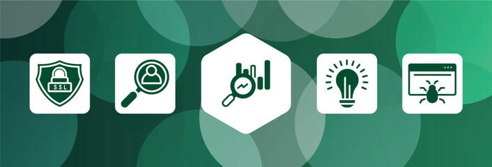 Poster - marketing & seo filled icon set isolated on abstract background. glyph icons such as ssl, hiring, search stats, lightbulb, web crawler vector. can be used for web and mobile.