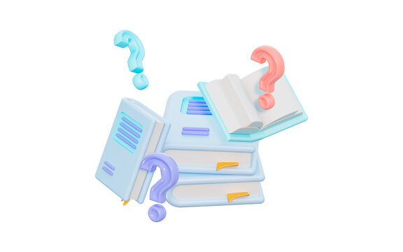 text books with question mark sign 3d render concept for study problem idea exam