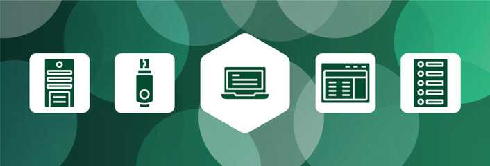 Poster - responsive web filled icon set isolated on abstract background. glyph icons such as system unit, usb flash, laptop with text, web interface, list of options vector. can be used for web and mobile.