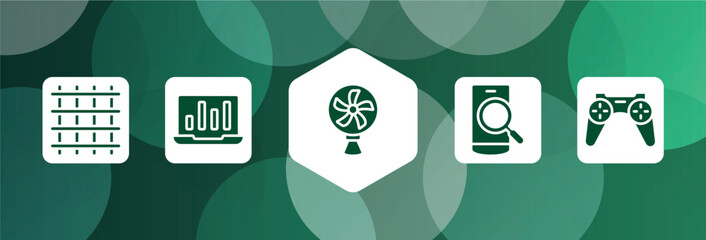 Poster - computer devices filled icon set isolated on abstract background. glyph icons such as big grid, stats on a screen, cooling fan, phone search, wireles gamepad vector. can be used for web and mobile.