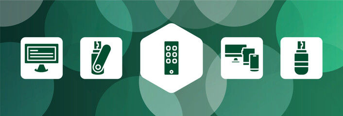 Poster - computer and hardware filled icon set isolated on abstract background. glyph icons such as monitor with text, flash card, siri remote, monitor tablet and smartphone, usb drive vector. can be used