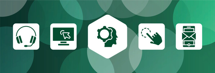 Aufkleber - responsive web filled icon set isolated on abstract background. glyph icons such as heads with microphone, computer screen with arrow, head with cogwheel, click gesture, smartphone message vector.