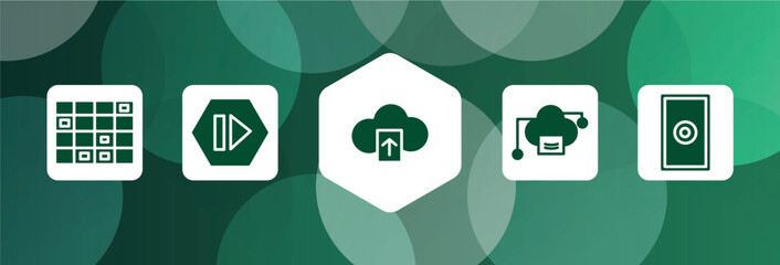 Poster - modern screen filled icon set isolated on abstract background. glyph icons such as spreadsheet cell row, forward media step, cloud upload, cloud computing servers, grip vector. can be used for web