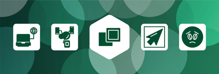 Poster - computer and media filled icon set isolated on abstract background. glyph icons such as computer connected to internet, synchronized devices, 2 squares, mouse pointer, frown emot vector. can be used