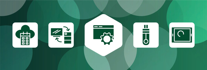 Poster - modern screen filled icon set isolated on abstract background. glyph icons such as calendar on cloud, server client exchange, internet configuration tings, memory stick, touch screen vector. can be