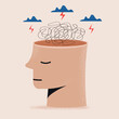 Depression in mental health man with cloud and lightning feeling problems, failures, heartbreak, worried. Tired persone icon, sad mood line style isolated on white background. 10 eps