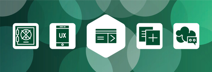 Poster - cloud service filled icon set isolated on abstract background. glyph icons such as strongbox, ux, keycard, duplicate, cloud messaging vector. can be used for web and mobile.