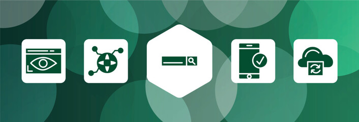 Poster - cloud service filled icon set isolated on abstract background. glyph icons such as stalking, connected, search bar, successful connection, cloud processing vector. can be used for web and mobile.