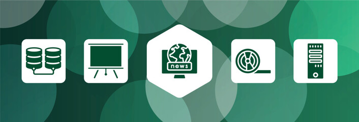 Poster - computer functions filled icon set isolated on abstract background. glyph icons such as database storage, projector screen, world news, magnetic tape, computer tower vector. can be used for web and