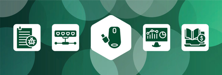 Poster - online learning filled icon set isolated on abstract background. glyph icons such as corrupt file, network hub, wireless mouse, web analytics, tuition vector. can be used for web and mobile.