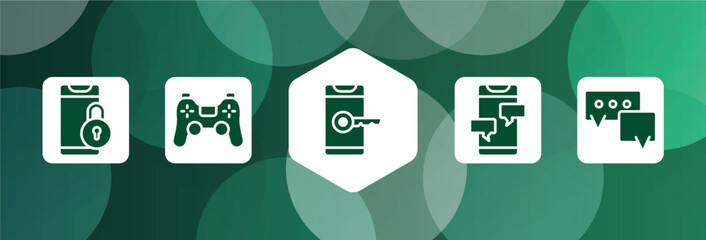 Poster - chatting filled icon set isolated on abstract background. glyph icons such as phone locked, ps4 controller, phone with keys, message from phone, speech bubble vector. can be used for web and mobile.