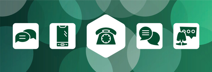 Poster - talking filled icon set isolated on abstract background. glyph icons such as chat bubble with, smartphone with three buttons, dial phone, round speech bubbles, woman with speech bubble vector. can