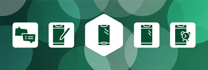 Poster - smartphones filled icon set isolated on abstract background. glyph icons such as two speech bubbles, phone crayon, new mobile phone, smartphone with front camera, alarm phone vector. can be used for