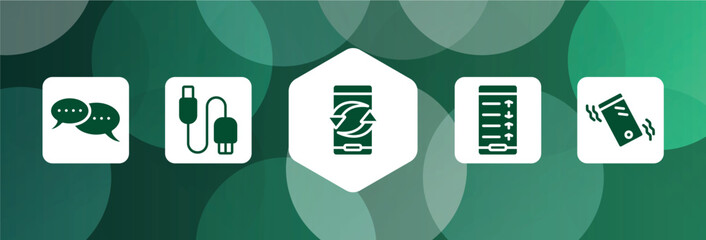 Poster - phoneset filled icon set isolated on abstract background. glyph icons such as chat bubbles with ellipsis, usb connector, exchanging arrows, mobile analytics on screen, phone on vibrational mode