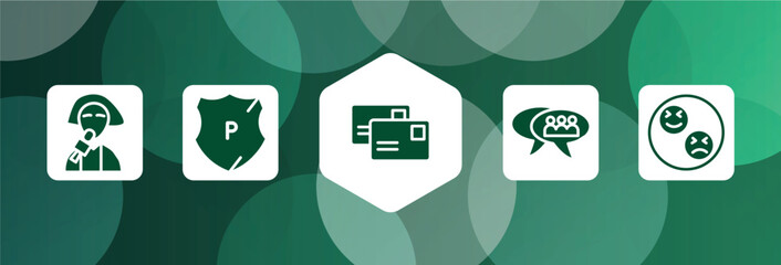 Poster - notification filled icon set isolated on abstract background. glyph icons such as reporter, police shield, postal, group chat, reaction vector. can be used for web and mobile.