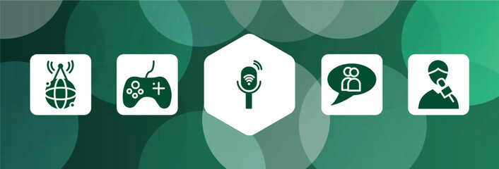 Poster - communication and media filled icon set isolated on abstract background. glyph icons such as world wide internet, game controller, listener, chat group, male reporter vector. can be used for web and