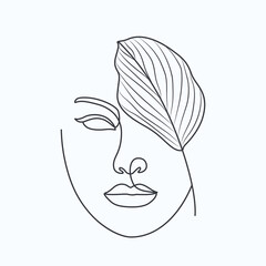 Wall Mural - Hand-drawn woman face with leaves elegant linear drawing 