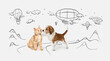 © master1305 - Cute little dog of Beagle and cat over white background with doodles. Friends.