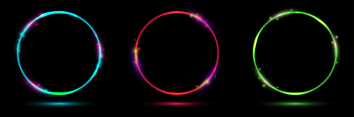 Poster - Set of glowing neon color circles round curve shape with lighting effect isolated on black background technology concept