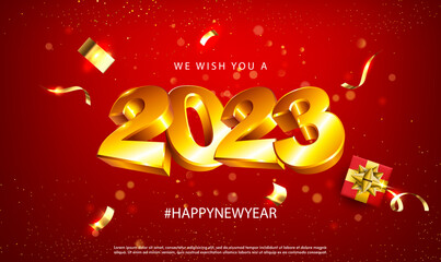 Poster - 2023 Happy New Year vector holiday on red background. Shiny party background.  3d Gold Number New Year 2023 with glitter gold confetti and serpentine. Festive premium template for holiday.Vector EPS10